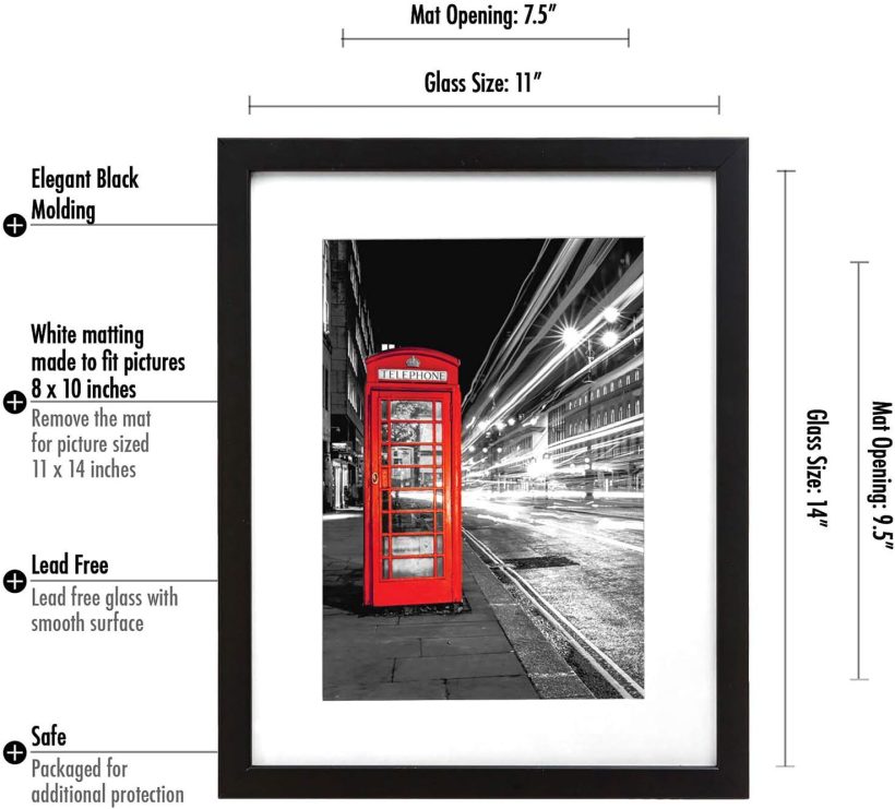 Americanflat 11x14 Picture Frame with Shatter-Resistant Glass - Use as 8x10 Frame with Mat or Display 11x14 Photo Without Mat - Signature Collection - Picture Frames for Wall Display - Black - Image 7