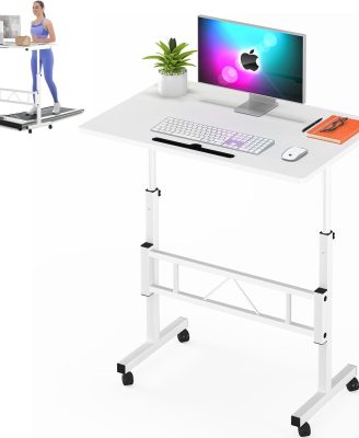 Klvied Small Standing Desk Adjustable Height, Mobile Table with Wheels, Portable Laptop Table, Standing Computer Desk for Walking Pad (White)