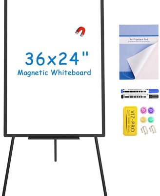 VIZ-PRO Magnetic Whiteboard Easel Black, 36 x 24 Inches, Portable Dry Erase Board Height Adjustable for School Office and Home